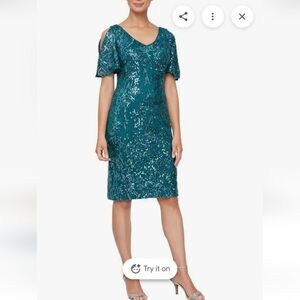 Alex Evenings V Neckline Sheath Dress with Cold-Shoulder Sleeves- Peacock
